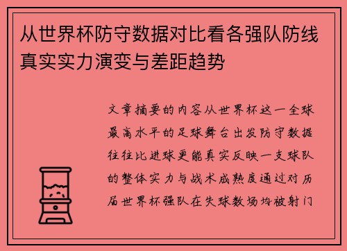 从世界杯防守数据对比看各强队防线真实实力演变与差距趋势